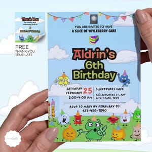 May include: A birthday party invitation with a blue sky background and cartoon characters. The invitation reads "Aldrin's 6th Birthday" with event details. A matching "Thank You" template is included.