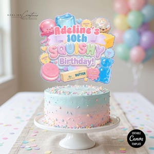 Squishy Birthday Cake Topper Template, Trendy Kawaii Cake Topper, Cute Pastel Birthday Cake Decoration, Editable Canva Printable