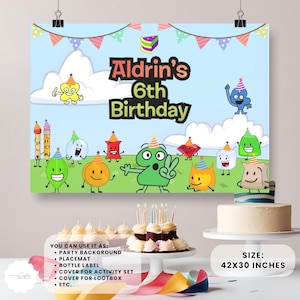 May include: A birthday party banner featuring the text "Aldrin's 6th Birthday" and cartoon characters, with a size of 107x76 cm. The banner's uses include a party background, placemat, and bottle label.