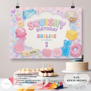 Squishy Birthday Backdrop Template, Trendy Kawaii Party Backdrop, Cute Pastel Birthday Banner, Editable Canva Printable Backdrop