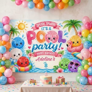 Peut inclure: Une toile de fond d'anniversaire rectangulaire sur le thème d'une fête à la piscine avec des ballons de plage animés, une bouée flamant rose, des palmiers et le texte "SPLISH, SPLASH, IT'S A POOL party! HAPPY BIRTHDAY Adeline's TURNS 8".