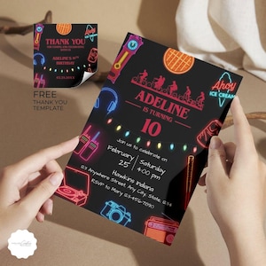 May include: A black birthday invitation with neon-style graphics and text. The invitation reads "Adeline is turning 10" with event details. A matching thank you card is also visible, with the words "Thank You".