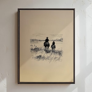 Vintage Cowboy Sketch Print: Rustic Western Framed Canvas Wall Art