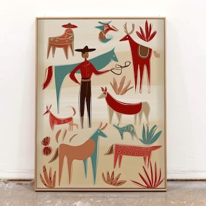 Southwestern Cowboy Digital Print: Teal Red Folk Art Illustration