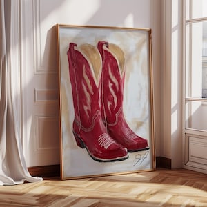 DIGITAL DOWNLOAD Western Red Cowboy Boots Wall Art, Rustic Rodeo Canvas, Country Farmhouse Decor, Vintage Cowboy Print, Framed Western Style