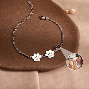 Pet Name Bracelet with Photo, Paw Print Projection Bracelet, Dog Cat Photo Bracelet, Memorial Picture inside Bracelet, Pet Loss Gift for Mom