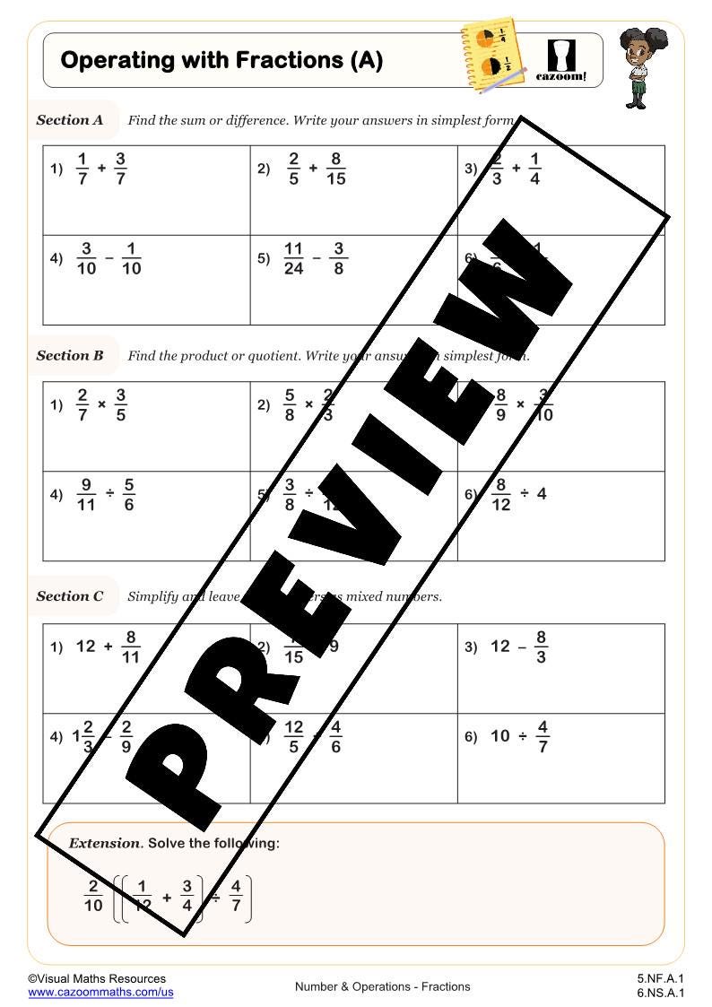 Basic Operations With Fraction Printable Math Worksheets | 6th Grade ...