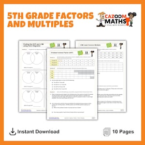 Puede incluir: Una hoja de trabajo imprimible para estudiantes de 5º grado para practicar la búsqueda del máximo común divisor (MCD) y el mínimo común múltiplo (MCM) utilizando diagramas de Venn. La hoja de trabajo incluye una tabla para ayudar a los estudiantes a encontrar el MCD y el MCM de diferentes números.