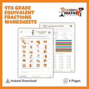 Puede incluir: Una hoja de trabajo imprimible para estudiantes de 4º grado para practicar la identificación de fracciones equivalentes. La hoja de trabajo presenta una variedad de formas divididas en partes iguales, y los estudiantes deben identificar qué formas representan la mitad.