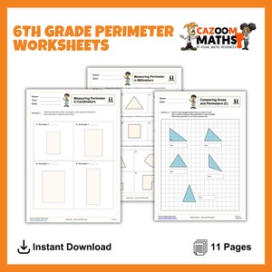 May include: A collection of 6th-grade perimeter worksheets. The worksheets include measuring perimeter in centimeters and millimeters, and comparing areas and perimeters. The image also includes the text "Instant Download" and "11 Pages".