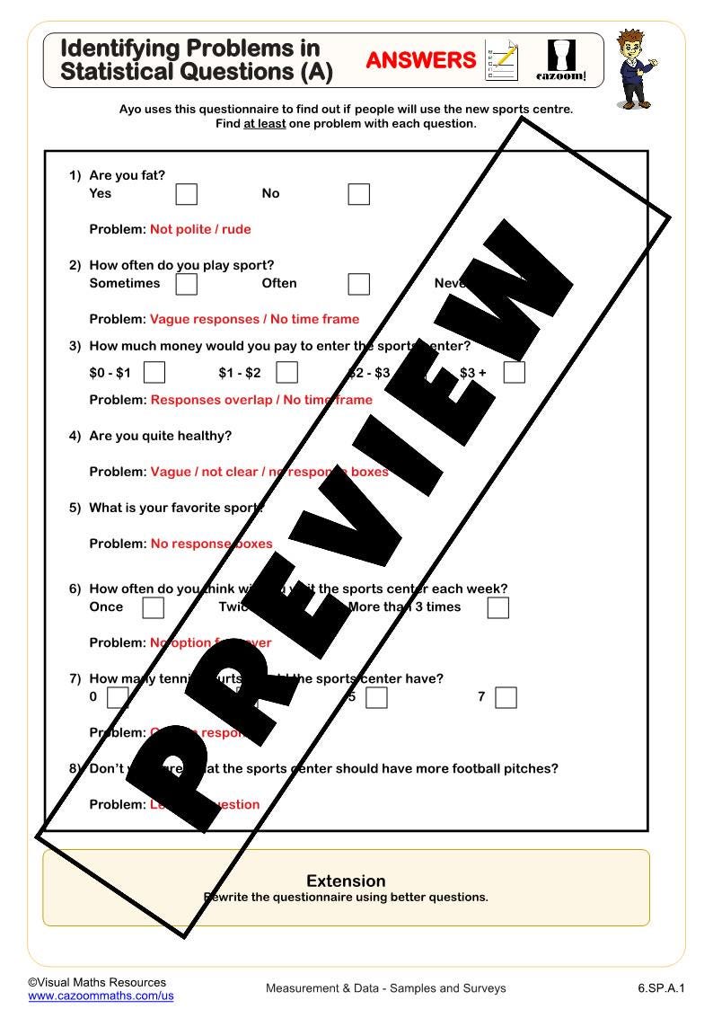 Identifying Problems in Statistical Questions Worksheets | 6th Grade ...
