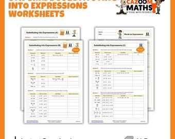 Hojas de trabajo de sustitución de expresiones para matemáticas de sexto grado / Práctica divertida de álgebra CCSS y recursos imprimibles
