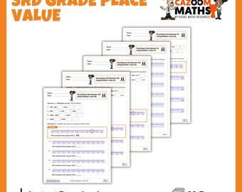 May include: A stack of worksheets for 3rd grade place value, with the text "3RD GRADE PLACE VALUE" in orange. The worksheets are titled "Rounding to the Nearest 100 Using Number Lines". The image also includes the text "Instant Download" and "32 Pages".