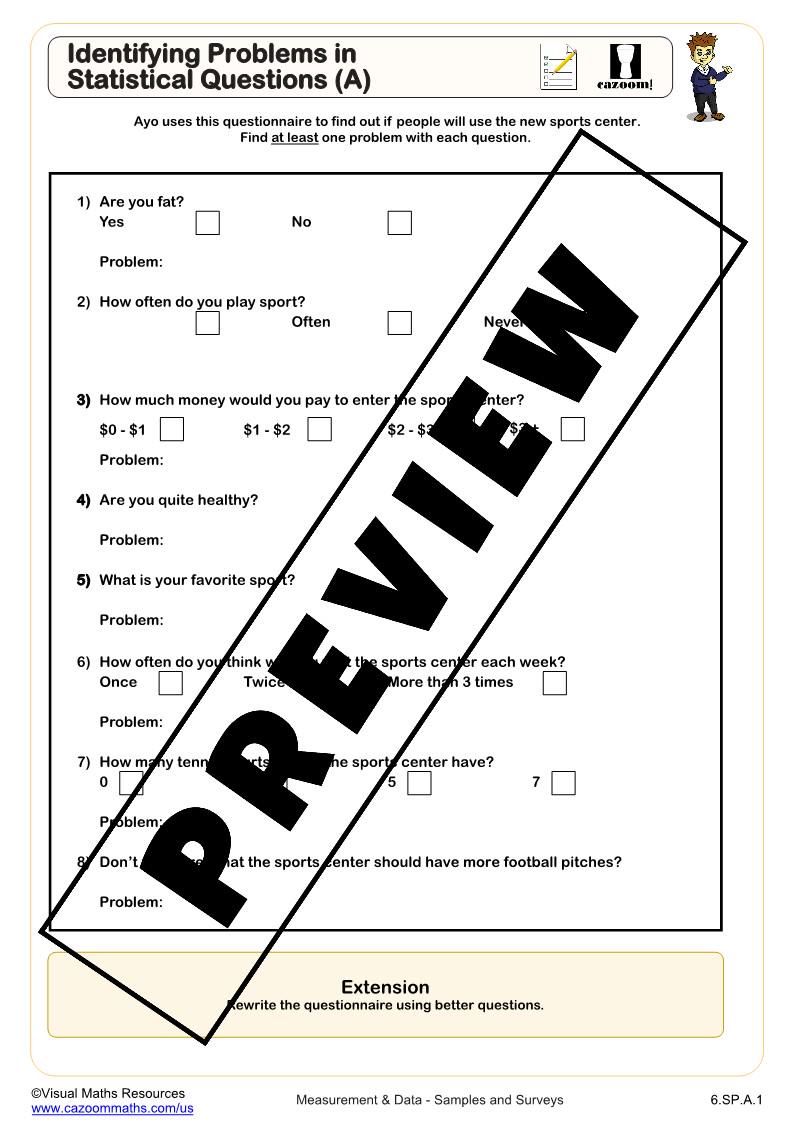 Identifying Problems in Statistical Questions Worksheets | 6th Grade ...