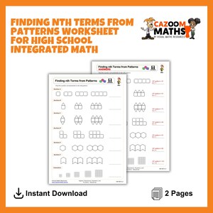 May include: A worksheet titled "Finding nth Terms from Patterns" for high school integrated maths. The worksheet includes geometric pattern problems and the text "Instant Download" and "2 Pages".