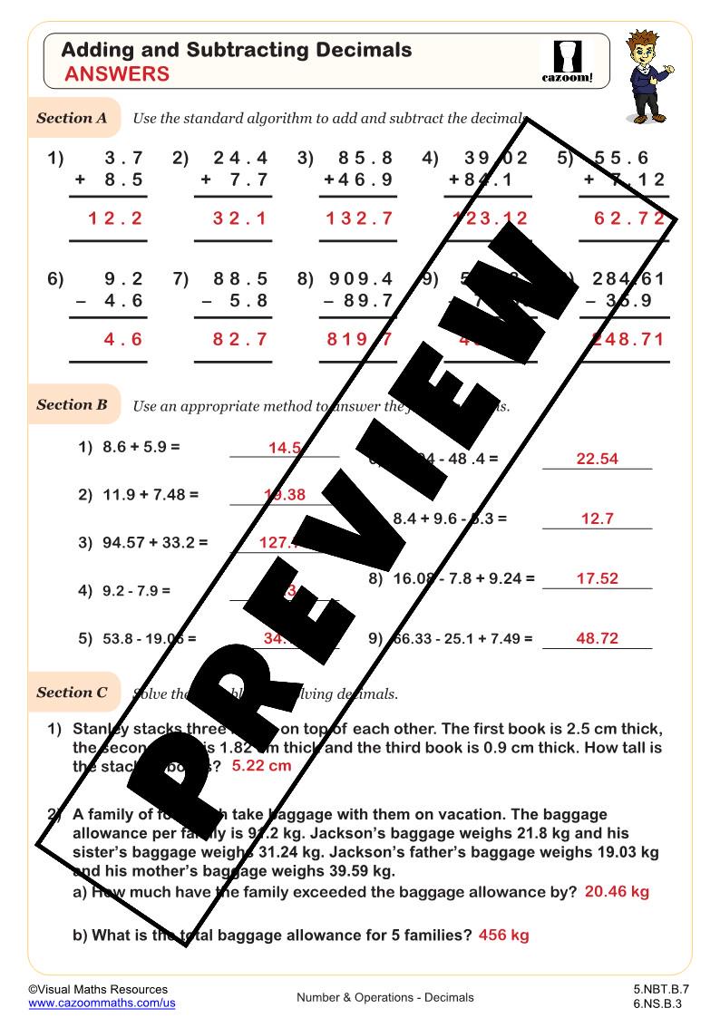 5th Grade Adding and Subtracting Decimals Worksheet | Printable Math ...