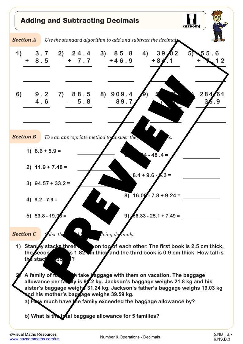 5th Grade Adding and Subtracting Decimals Worksheet | Printable Math ...
