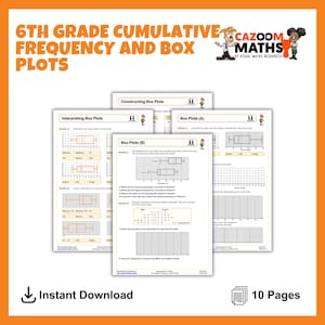 Könnte beinhalten: Ein Stapel von 10 Seiten mit Arbeitsblättern zum Thema Bildung mit dem Titel "6th Grade Cumulative Frequency and Box Plots". Die Arbeitsblätter behandeln Themen wie das Interpretieren und Konstruieren von Boxplots, mit Diagrammen und Fragen.