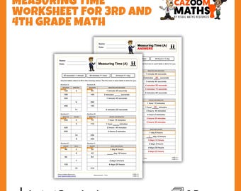 May include: Two-page worksheet for 3rd and 4th grade math, measuring time. The worksheet includes tables for converting seconds, minutes, hours, and days. The text on the worksheet reads "Measuring Time (A)" and "Answers".