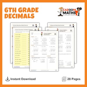 Puede incluir: Un conjunto de hojas de trabajo imprimibles para matemáticas de 6º grado, centradas en los decimales. Las hojas de trabajo incluyen un desafío de diez minutos, ejercicios mixtos y problemas de suma y resta en columna.
