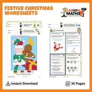 May include: Festive Christmas Worksheets with maths problems and colouring pages. Includes a Christmas code breaker, elf and gingerbread man colouring, and Christmas relay problems. Features the text "Instant Download" and "36 Pages".