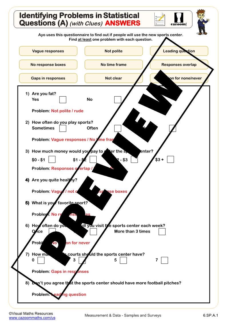 Identifying Problems in Statistical Questions Worksheets | 6th Grade ...