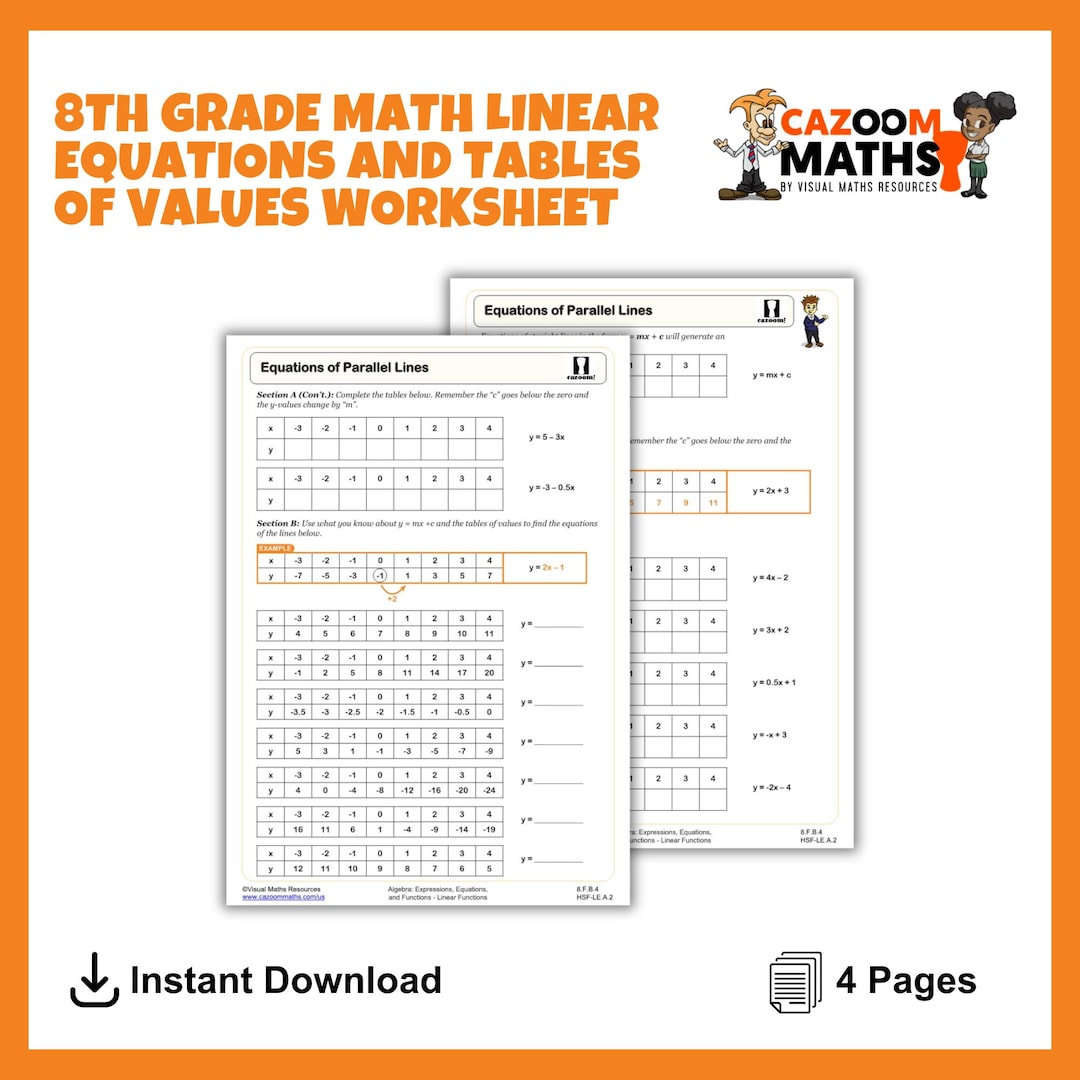Linear Equations and Tables of Values Worksheet | Printable 8th Grade ...
