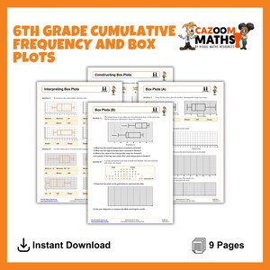 May include: A collection of white worksheets with the title "6th Grade Cumulative Frequency and Box Plots" in orange and black text. The worksheets feature diagrams and questions about box plots. The image also includes the text "Instant Download" and "9 Pages".