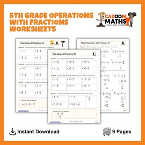 May include: A set of 6th-grade math worksheets with fractions. The worksheets are white with black text and include the title "6TH GRADE OPERATIONS WITH FRACTIONS WORKSHEETS". The image also includes the text "Instant Download" and "9 Pages".