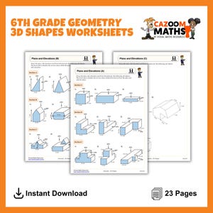 May include: A stack of 6th-grade geometry worksheets with the title "6TH GRADE GEOMETRY 3D SHAPES WORKSHEETS". The worksheets feature diagrams of 3D shapes with measurements in centimeters. The text "Instant Download" and "23 Pages" are also visible.