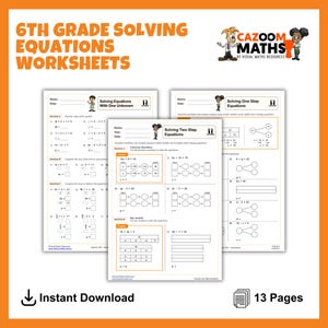 May include: A collection of 6th grade maths worksheets titled "6th Grade Solving Equations Worksheets." The worksheets cover solving equations with one unknown, two steps, and one step. The image includes the text "Instant Download" and "13 Pages."