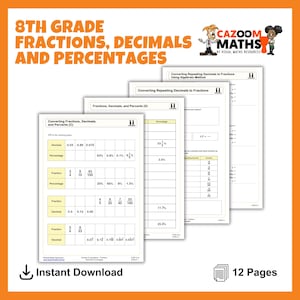 May include: A printable worksheet for 8th grade maths students to practice converting fractions, decimals, and percentages. The worksheet includes a title, "8th Grade Fractions, Decimals, and Percentages", and a graphic of a clown with the text "Cazoom Maths by Visual Maths Resources".