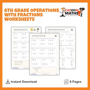 Peut inclure: Feuilles de calcul pour les opérations sur les fractions en 6e, avec le logo "CAZOOM MATHS". Les feuilles de calcul couvrent des sujets tels que les opérations avec les fractions, les opérations mixtes, et incluent le texte "Instant Download" et "9 Pages".