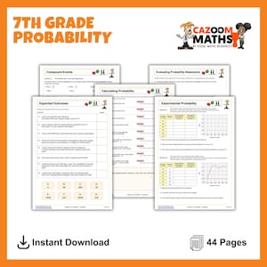 May include: A collection of printable worksheets for 7th-grade probability, featuring topics like compound events, expected outcomes, and experimental probability. The worksheets include graphs, charts, and word problems. The image also includes the text "Instant Download" and "44 Pages".