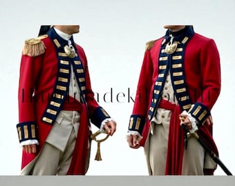 May include: Two red military jackets with gold epaulets, navy blue trim, and gold buttons. The jackets have white cuffs and are paired with beige pants and a red sash. The jackets are reminiscent of historical military uniforms.