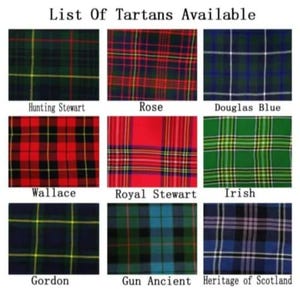 Pode incluir: Um gr&aacute;fico que mostra uma lista de tartans dispon&iacute;veis, com os nomes de cada tartan listados abaixo do padr&atilde;o xadrez. Os tartans incluem Hunting Stewart, Rose, Douglas Blue, Wallace, Royal Stewart, Irish, Gordon, Gun Ancient e Heritage of Scotland.