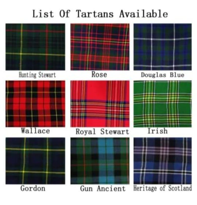 Pode incluir: Um gr&aacute;fico que mostra uma lista de tartans dispon&iacute;veis, com os nomes de cada tartan listados abaixo do padr&atilde;o xadrez. Os tartans incluem Hunting Stewart, Rose, Douglas Blue, Wallace, Royal Stewart, Irish, Gordon, Gun Ancient e Heritage of Scotland.