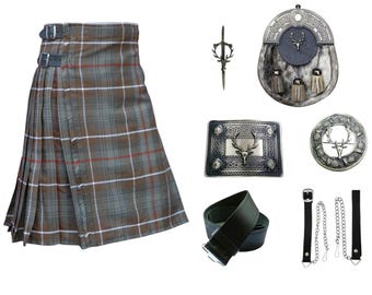 Conjunto de kilt masculino Mackenzie Weather Tartan: 8 jardas, esporran com cabeça de veado