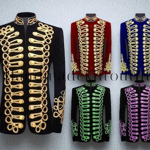 May include: A selection of military-style jackets in black, red, and blue, each with elaborate gold or coloured embroidery and decorative buttons. The jackets are displayed on mannequins against a neutral background.