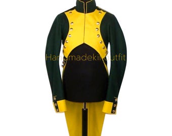 May include: A military-style jacket in dark green, yellow, and black. The jacket features a high collar, yellow front panels with silver buttons, and long sleeves. The back of the jacket has a tailcoat design. The text "Handmadekioutfit" is visible on the jacket.