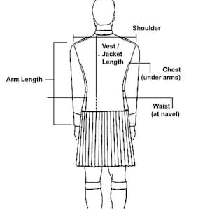 May include: A black and white diagram illustrating garment measurements. The diagram labels arm length, shoulder width, chest, waist, and vest/jacket length. The figure is wearing a pleated skirt and knee-high socks.