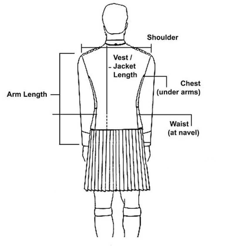 May include: A black and white diagram illustrating garment measurements. The diagram labels arm length, shoulder width, chest, waist, and vest/jacket length. The figure is wearing a pleated skirt and knee-high socks.