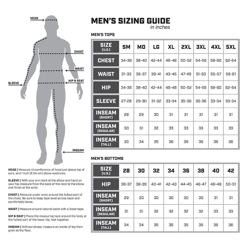 May include: Men's sizing guide in inches, featuring a diagram of a person with measurement points labeled. Includes size charts for tops and bottoms, detailing chest, waist, hip, sleeve, and inseam measurements for various sizes.