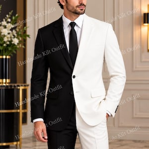 May include: A two-tone suit featuring a black right side and a white left side. The jacket has a notched lapel, a single-button closure, and flap pockets. It is paired with a white dress shirt, a black necktie, and matching two-tone trousers.