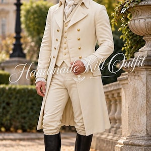 May include: A cream-colored long coat, waistcoat, and trousers ensemble featuring gold-tone buttons, a white cravat, and black leather boots. The text "Handmade Kilt Outfit" is overlaid across the center of the image in a white script font.