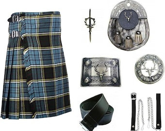Traje de kilt xadrez escocês: 8 jardas, esporrão antigo, cinto e broche