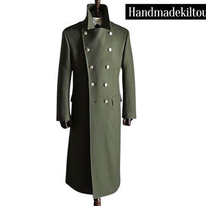May include: An olive green double-breasted coat with gold buttons. The long coat has a high collar and two front pockets. The text "Handmadekiltoutfit" is displayed in a black rectangle at the top of the image.