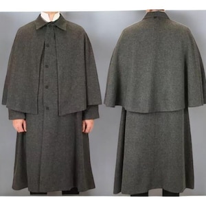 Men&#39;s Grey Wool Inverness Overcoat with Cape Winter Warm Long Sleeves Cape Coat