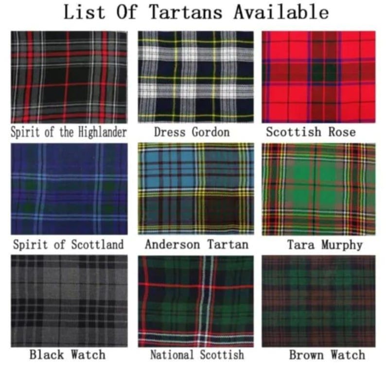 Pode incluir: Uma colagem de nove padr&otilde;es de tart&atilde; diferentes, cada um com uma combina&ccedil;&atilde;o de cores e um design &uacute;nicos. Os tart&atilde;s s&atilde;o etiquetados com seus nomes, incluindo "Spirit of the Highlander", "Dress Gordon", "Scottish Rose", "Spirit of Scotland", "Anderson Tartan", "Tara Murphy", "Black Watch", "National Scottish" e "Brown Watch".