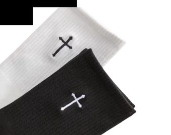 Minimalist Cross Embroidered Socks, Black & White Cotton Crew Socks, Unisex Streetwear Style